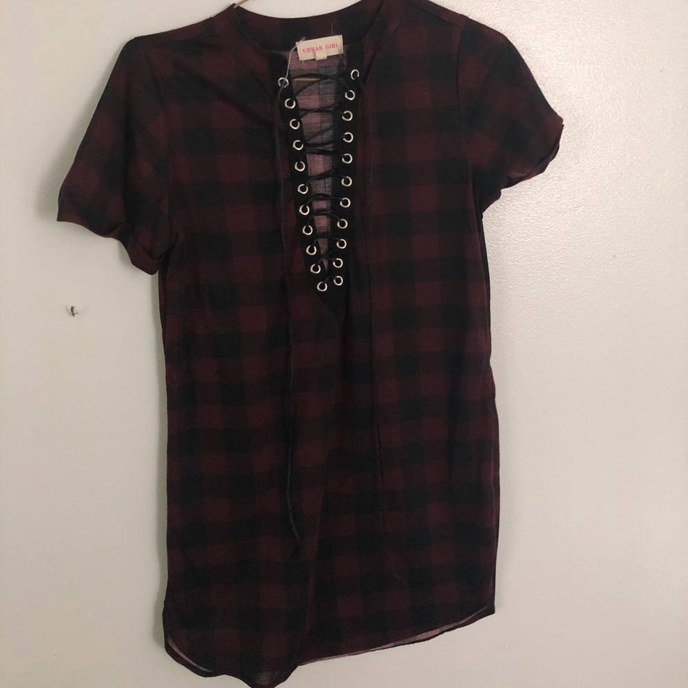 Plaid lace up top